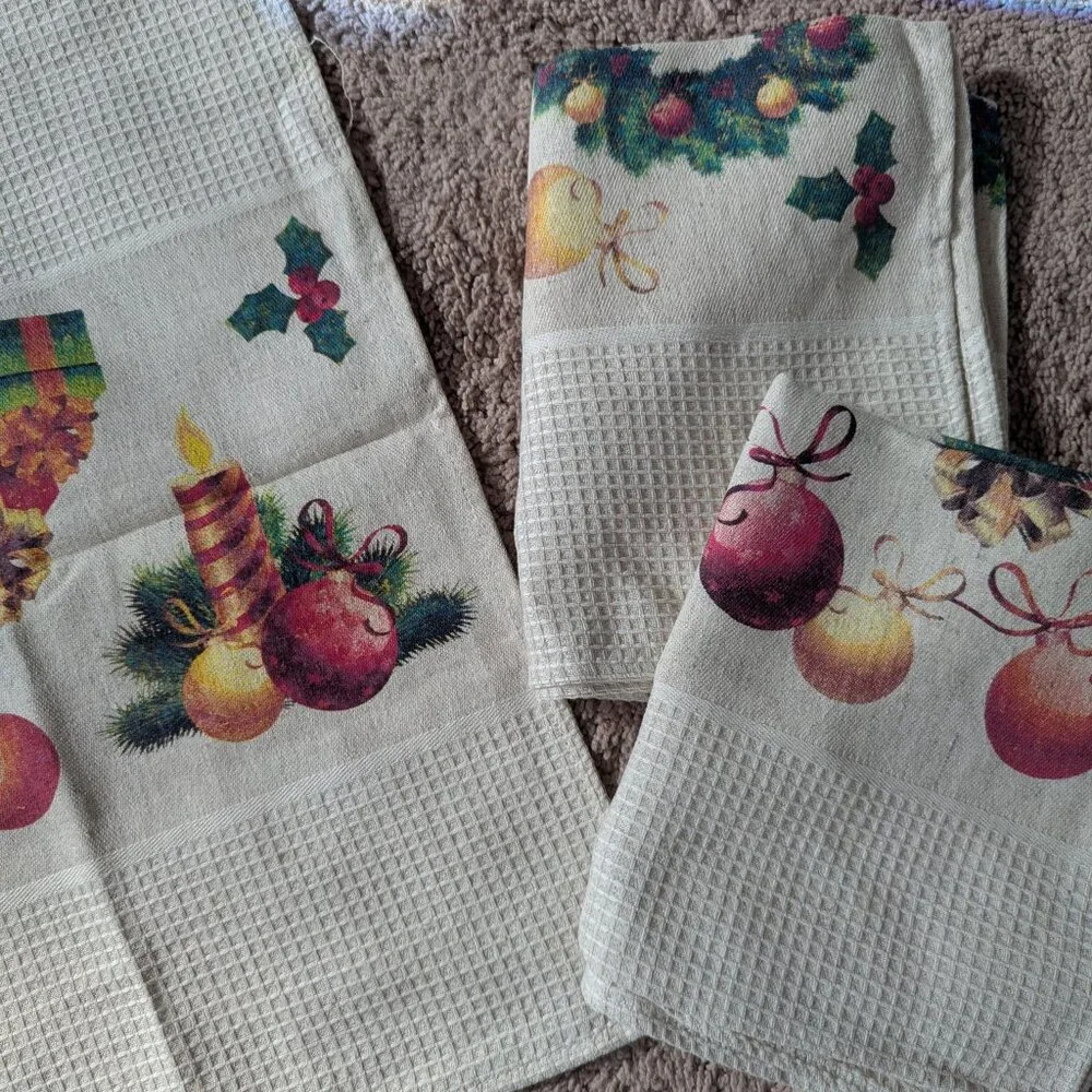 Christmas Kitchen Towels Vintage Style 100% Linen NEW